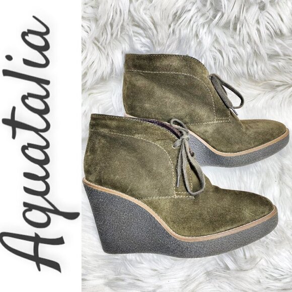 AQUATALIA Vianna Weatherproof Moss Green Suede Wedge Bootie, Size 8 - Picture 2 of 11